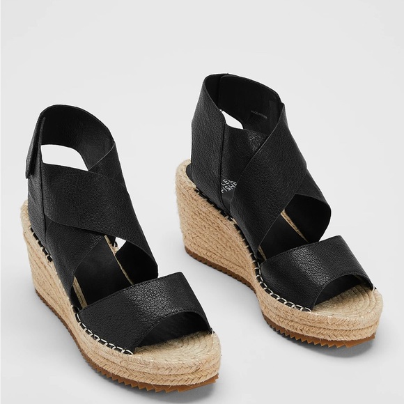Eileen Fisher Willow Wedge Espadrille Sandal Shoe Velcro Black Leather Sz 9 - Picture 2 of 8